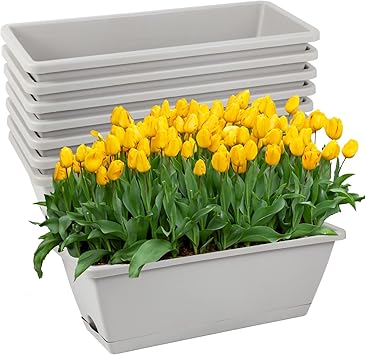 8pcs Window Box Planter, 17 Inches Flower Window Boxes, Rectangle Planters Box with Drainage Holes and Trays, Plastic Vegetable Planters for Windowsill Patio Garden Home Decor Porch Yard Grey