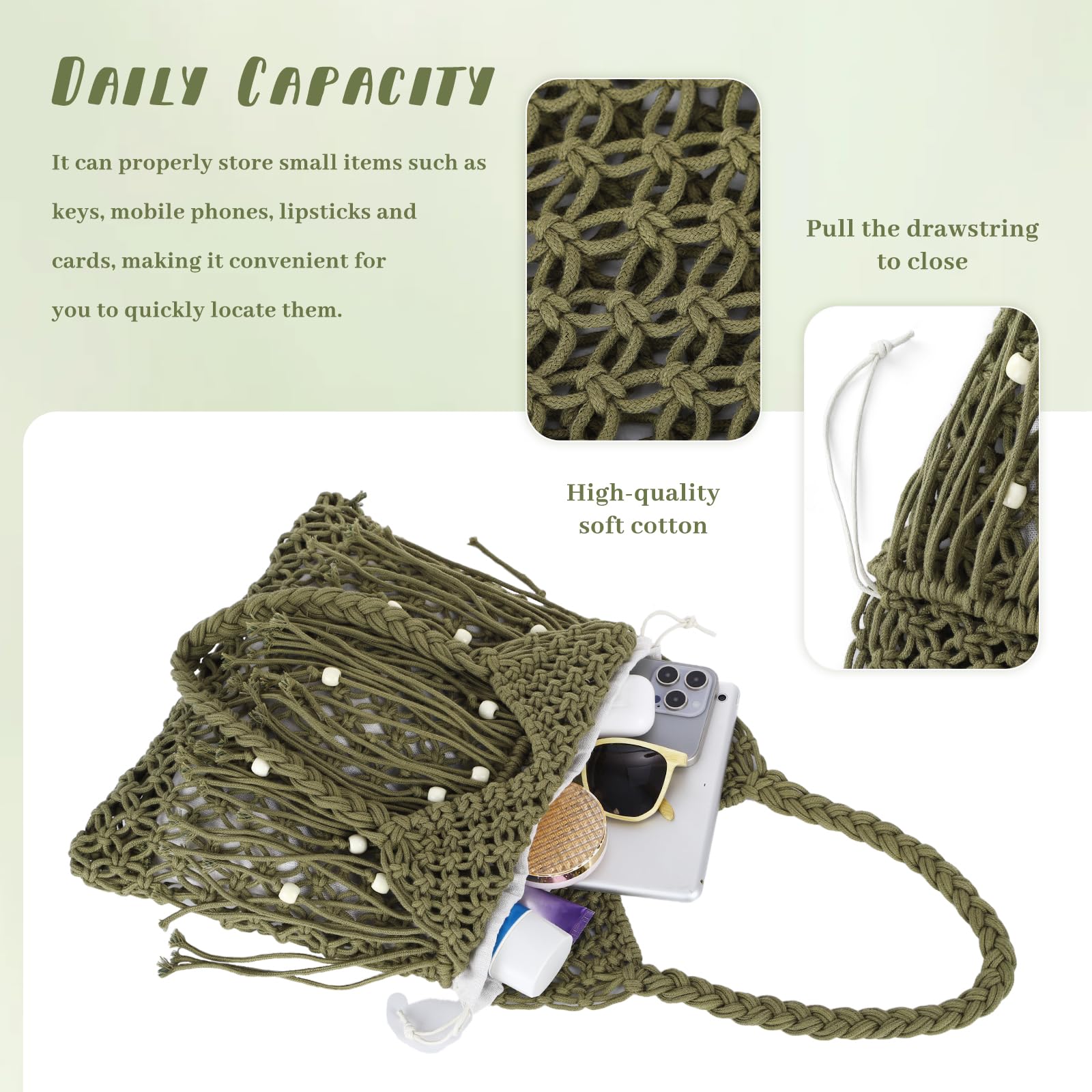 Bolso de mano bohemio para mujer, de algodón, tejido de punto, bolsa de playa con borlas, bolso de hombro de verano con bolsillo interior, bolsa de ganchillo bohemia para vacaciones