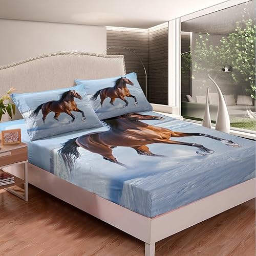 Feelyou Juego de ropa de cama de caballo para niños y niños, juego de sábanas con estampado de caballos al galope en 3D, sábana bajera ajustable de