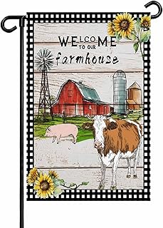 Farmhouse Garden Flag for Outside, Barn Cow Pig Chicken Sunflower Wood Grain 12x18 Inch Double Sided, Weatherproof Yard Flag for Outdoor Patio Lawn Decor