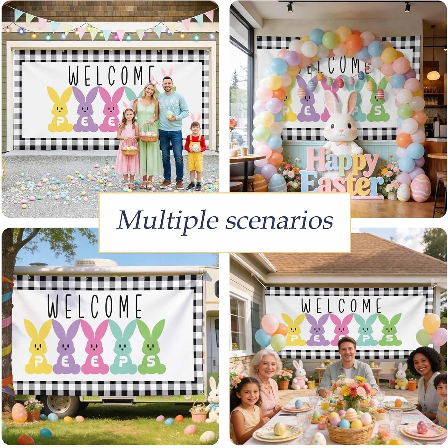 Garage Door Banner 6.9x16ft,Easter Colorful Cartoon Rabbit Peeps Garage Door Cover Porch Large Backdrop Banners Wall Decorations for Indoor Outdoor Holiday Party,Quote and White Black Lattice