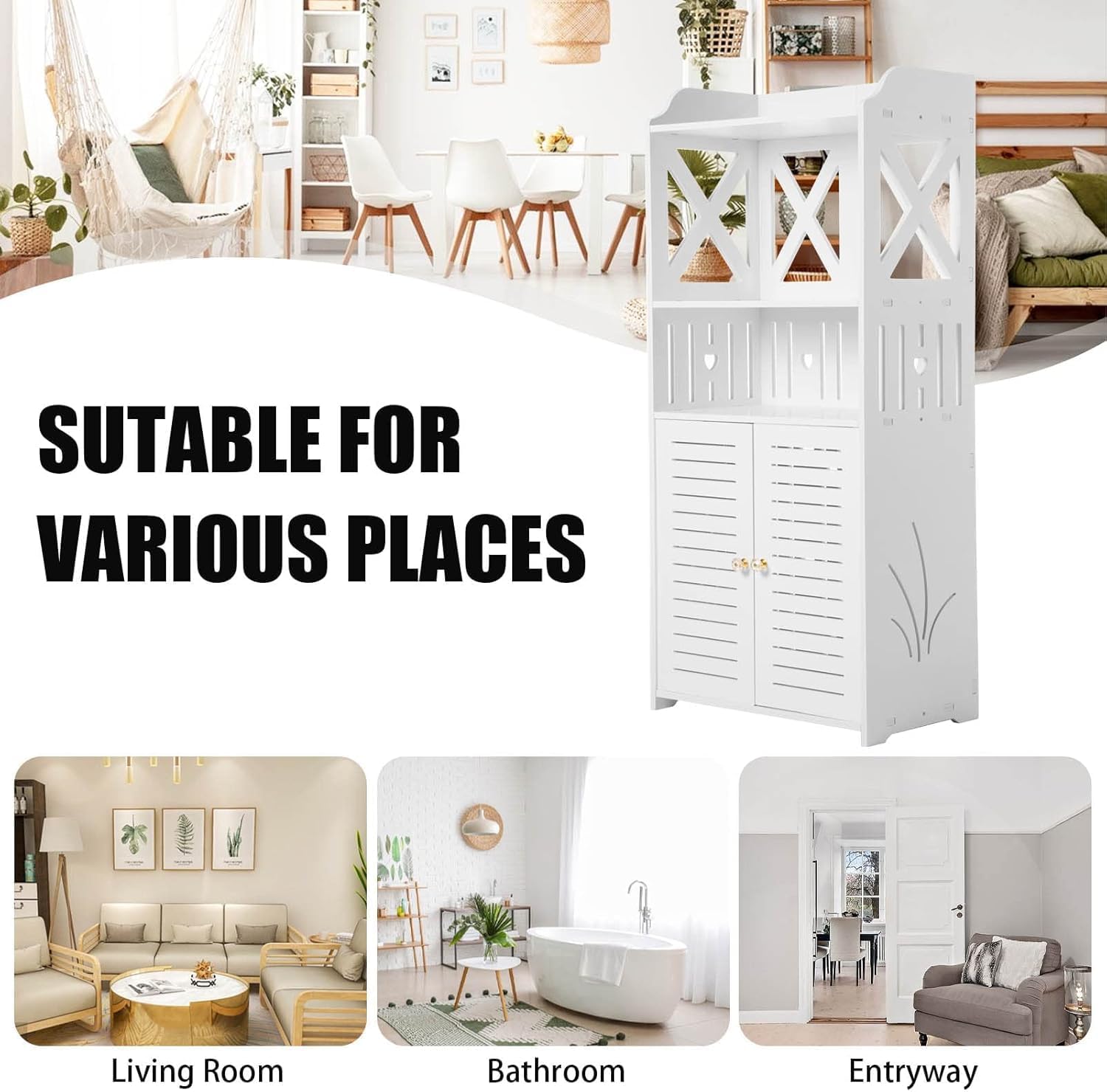 Armario de Baño Estrecho Blanco con Puertas – Mueble Auxiliar de Almacenamiento de PVC, Estantería Vertical Multinivel, Impermeable y Antihumedad, para Baño, Aseo y Lavadero