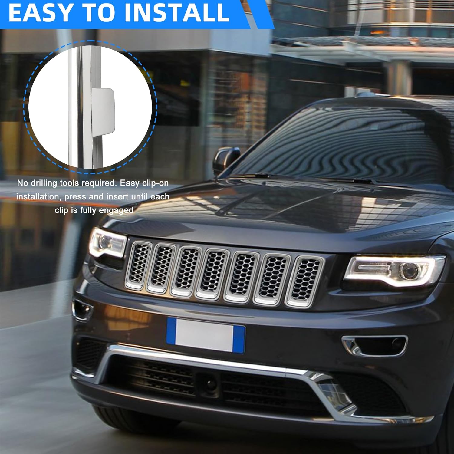 JINCHEN Front Grill Mesh Inserts Compatible with Jeep Grand Cherokee 2014 2015 2016 Clip-on Grille Cover Trim Accessories (Ring Grill-Chrome)