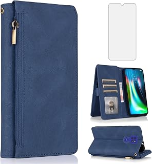 Asuwish Kompatibel mit Moto G9 Play/G 9/E7 Plus Wallet Case Panzerglas Displayschutzfolie Reißverschluss Leder Flip Cover Kartenhalter Ständer für MotoG9Play Motorola 9G G9Play E7+ E7Plus 4G Damen