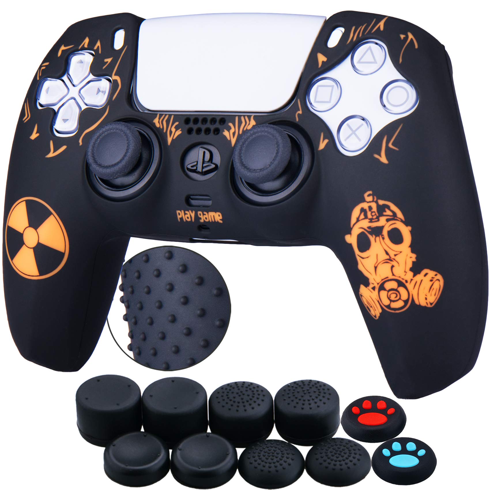 Yorha Tachonado Talla Láser Silicona Caso Piel Fundas Protectores Cubierta para PS5 Mando x 1 (Radiación Naranja) con Pro los puños Pulgar Thumb Gripsx 8