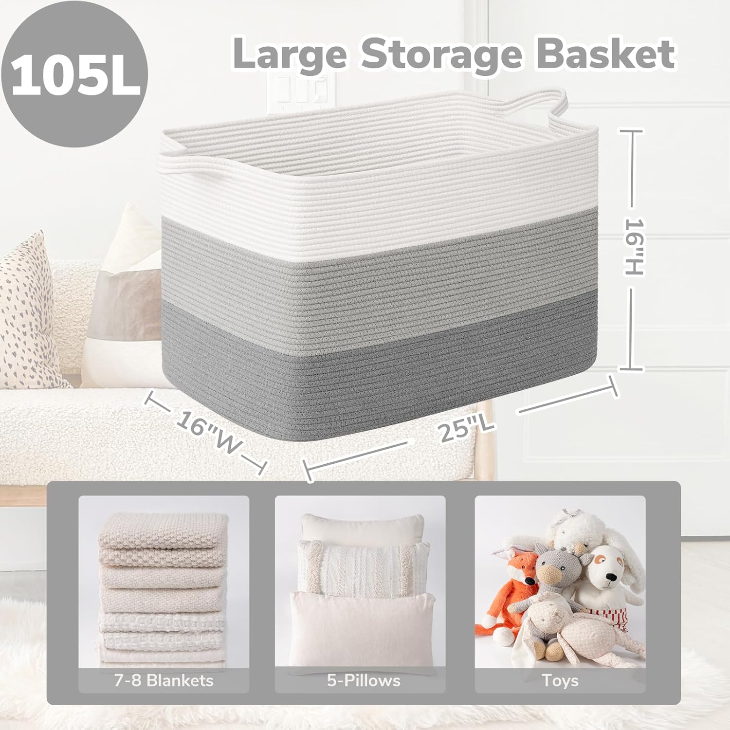 Goodpick 105L Extra Large Blanket Basket 25" x 16" x 16" Cotton Rope Storage Bins for Dirty Clothes Pillows, Decorative Woven Basket with Handles, Toy Baskets Storage Kids, Gray