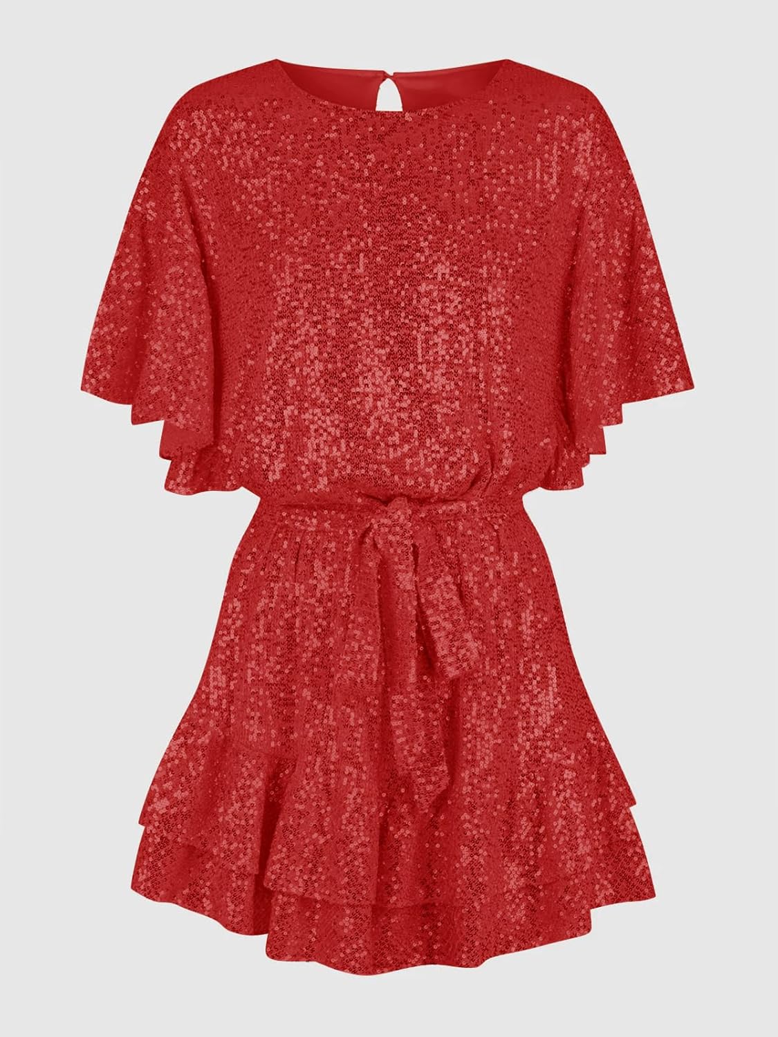 Batermoon Girls' Sequin Dress Crew Neck Bat Sleeve Ruffle Party Wedding Flower Dress with Belt for 5-14 Years - Image 5