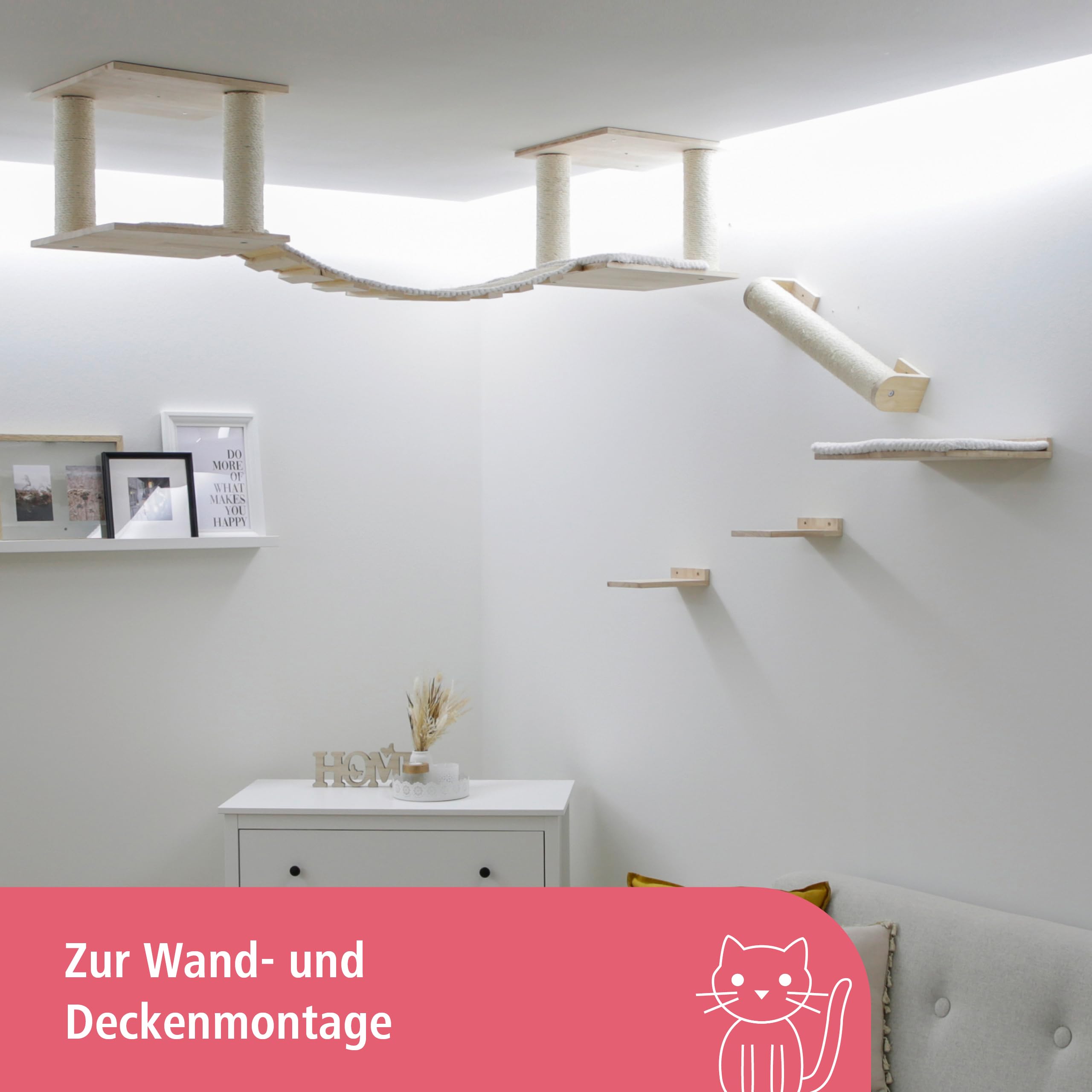 Kerbl Pet Katzenspielplatz Top XL | Natur/Weiß, Kletterwand aus Holz, Sisal und Polyester, bis 5 kg belastbar, für Wand- und Deckenmontage
