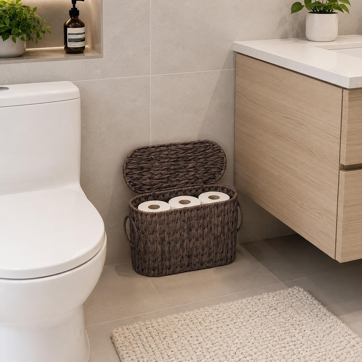 Toilet Paper Storage Basket with Lid, Narrow Bathroom Organizer for 6 Mega Rolls, Waterproof Wicker Look Plastic Basket with Handles, Toilet Tank Top Holder, Farmhouse Bathroom Storage Bin (Brown)