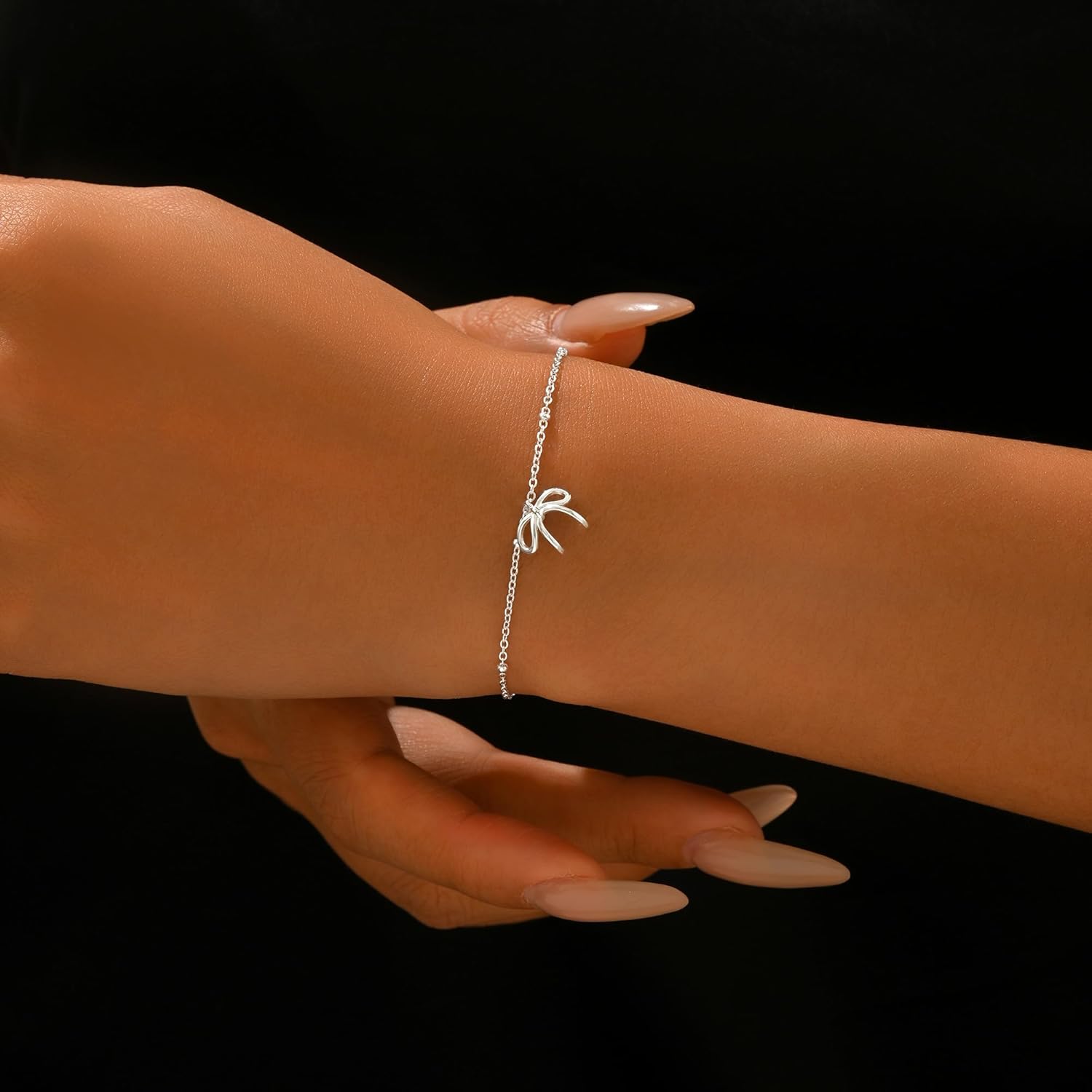 925 Sterling Silver Bowknot Charm Bracelet for Women Cute Sweet Adjustable Chain Bowknot Beaded Bracelets Jewelry Hypoallergenic Minimalist Romantic Birthday Wedding Gifts for Mother Daughter Bracelet - Image 2