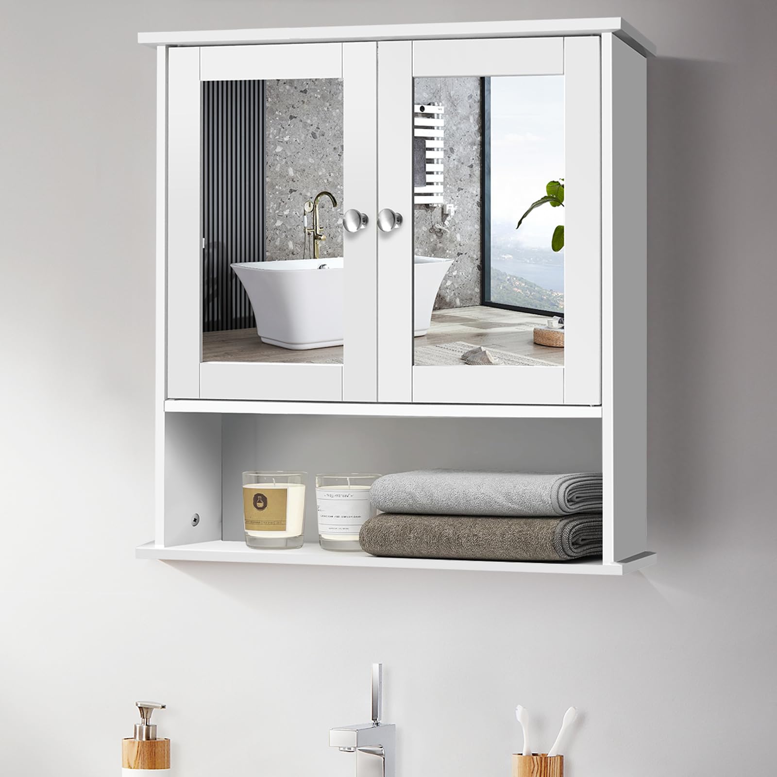 VickyHome Wall Mounted Bathroom Cabinets with Mirror, Double Door Bathroom Mirror Cabinet White MDF Bathroom Cabinet Storage with Double Mirror, Adjustable Shelf, 4 Tier, 56.2cm X 13.2cm X 58cm