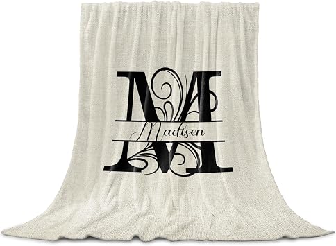 Custom Blanket with Name, Letter M Personalized Gifts for Women, Monogram Words Flannel Fleece Cozy Throw Customized Blankets for Couch, Sofa, Bed, Living Room, Bedroom