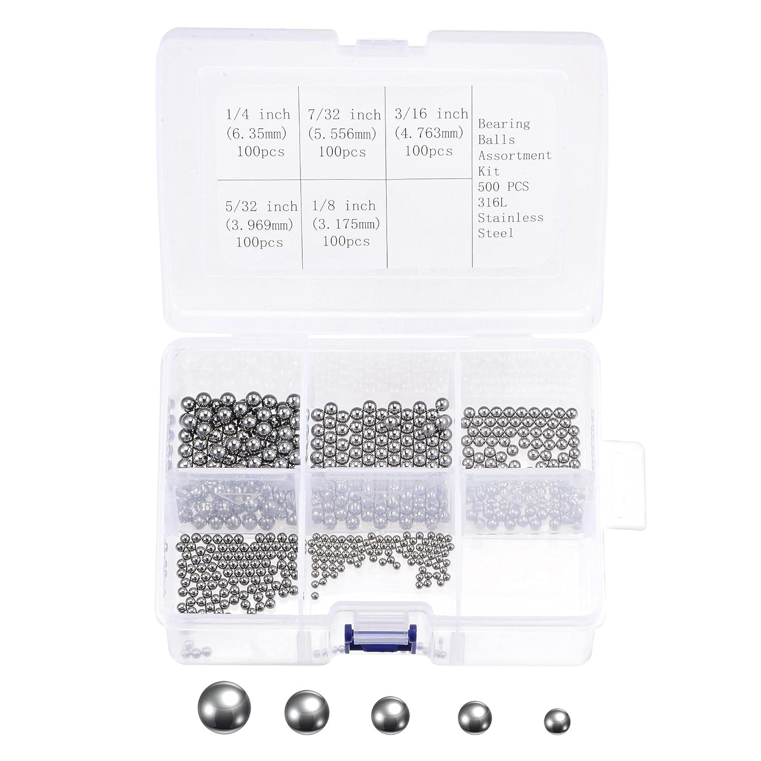 uxcell 500pcs 5 Size Bearing Balls Assortment 316L Stainless Steel 1/4" 7/32" 3/16" 5/32" 1/8" with Storage Box