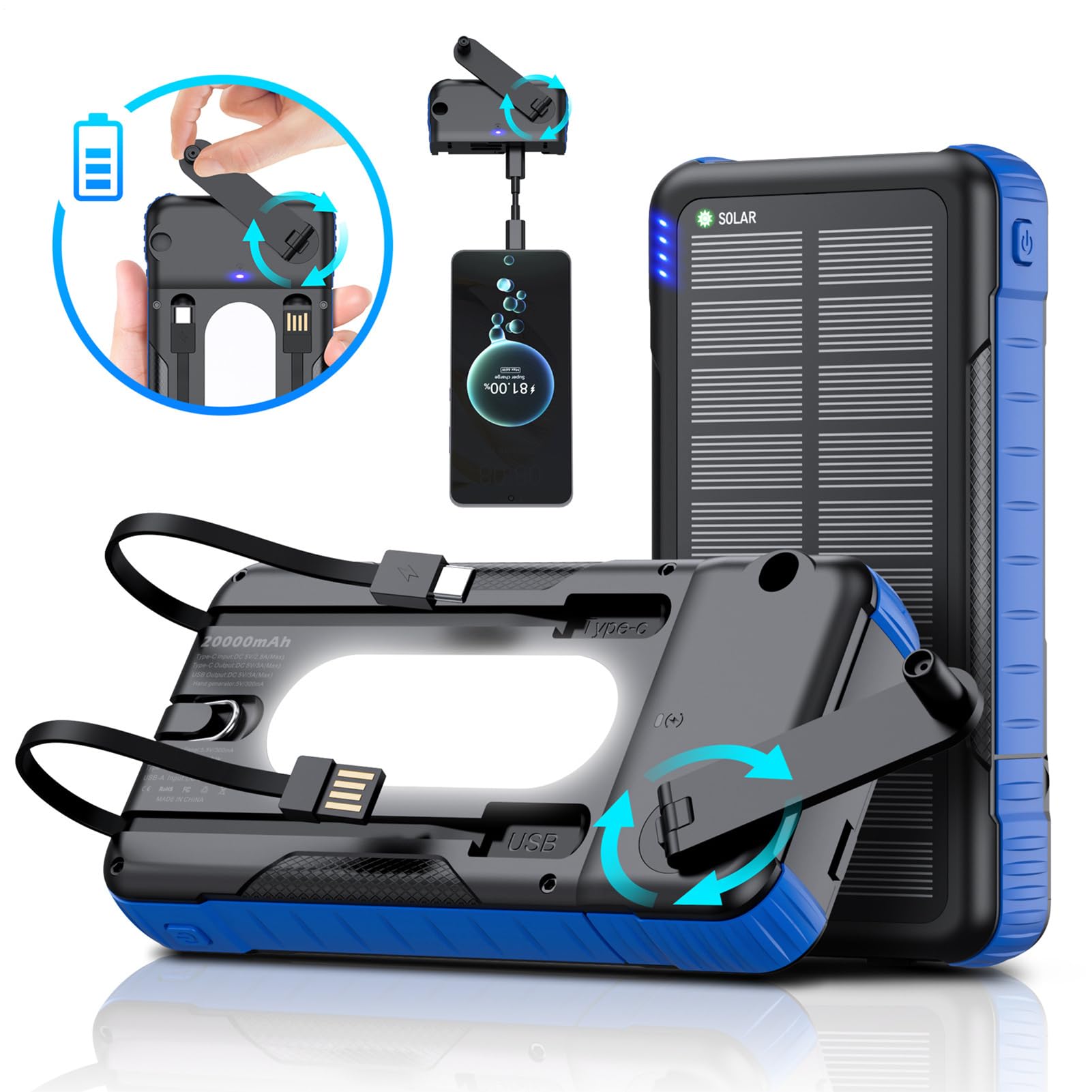 Caricatore Solare Power Bank Impermeabile Con Torcia Luminosa | Power Bank con Manovella e Energia Solare Per Telefono Per Campeggio Escursionismo Viaggio Pesca Zaino In Spalla Smartphone