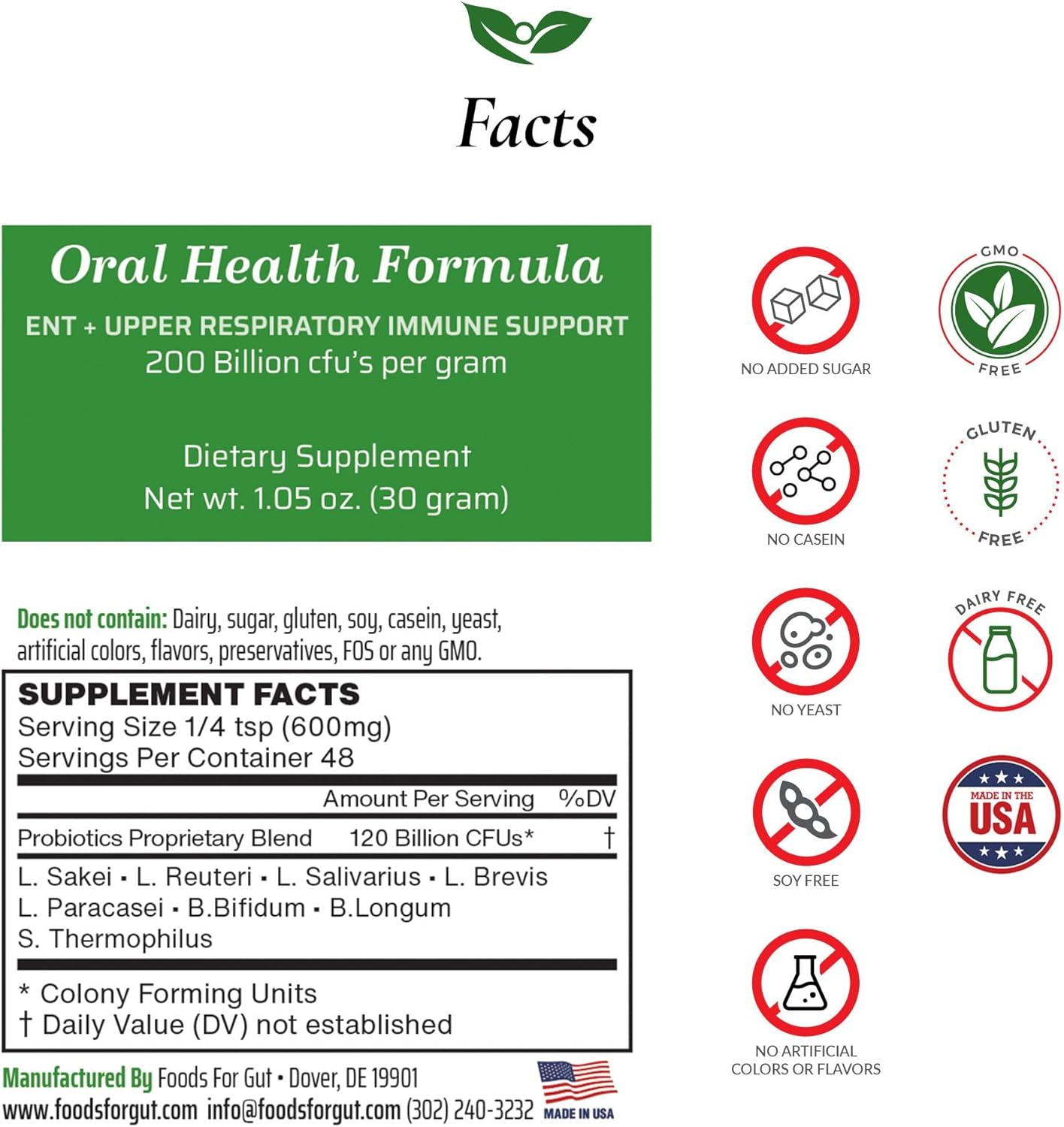 Foods For Gut Oral Care Probiotics Powder 200 Billion CFU | Made in USA | No Additives | Direct from Manufacturer | No Third-Party Storage | ENT & Upper Respiratory Immune Support | 30 Grams (1.05 Oz) - Image 2