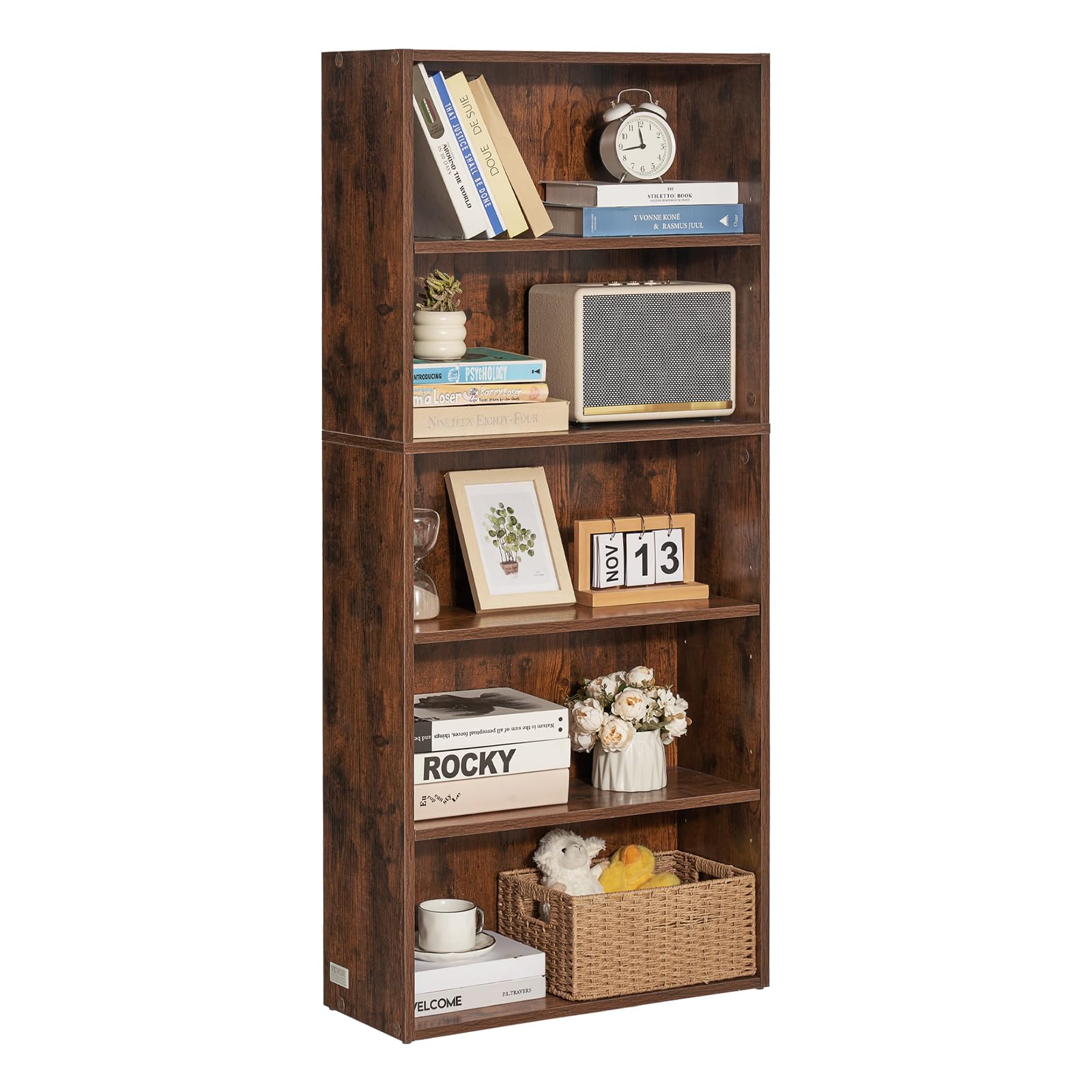 VEVOR Libreria Sottile a 5 Ripiani, Libreria Aperta in Legno 134,5 cm con Ripiano Regolabile in Altezza, Espositore da Pavimento Alto Autoportante, Scaffale per Biblioteca, Soggiorno, Ufficio, Marrone