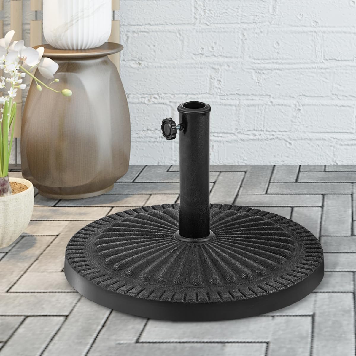 GOPLUS - Pie de sombrilla de resina de 15 kg, soporte de sombrilla redondo con botón giratorio, adecuado para postes de paraguas de Φ 38/48 MM, base de sombrilla para jardín, terraza, playa, patio