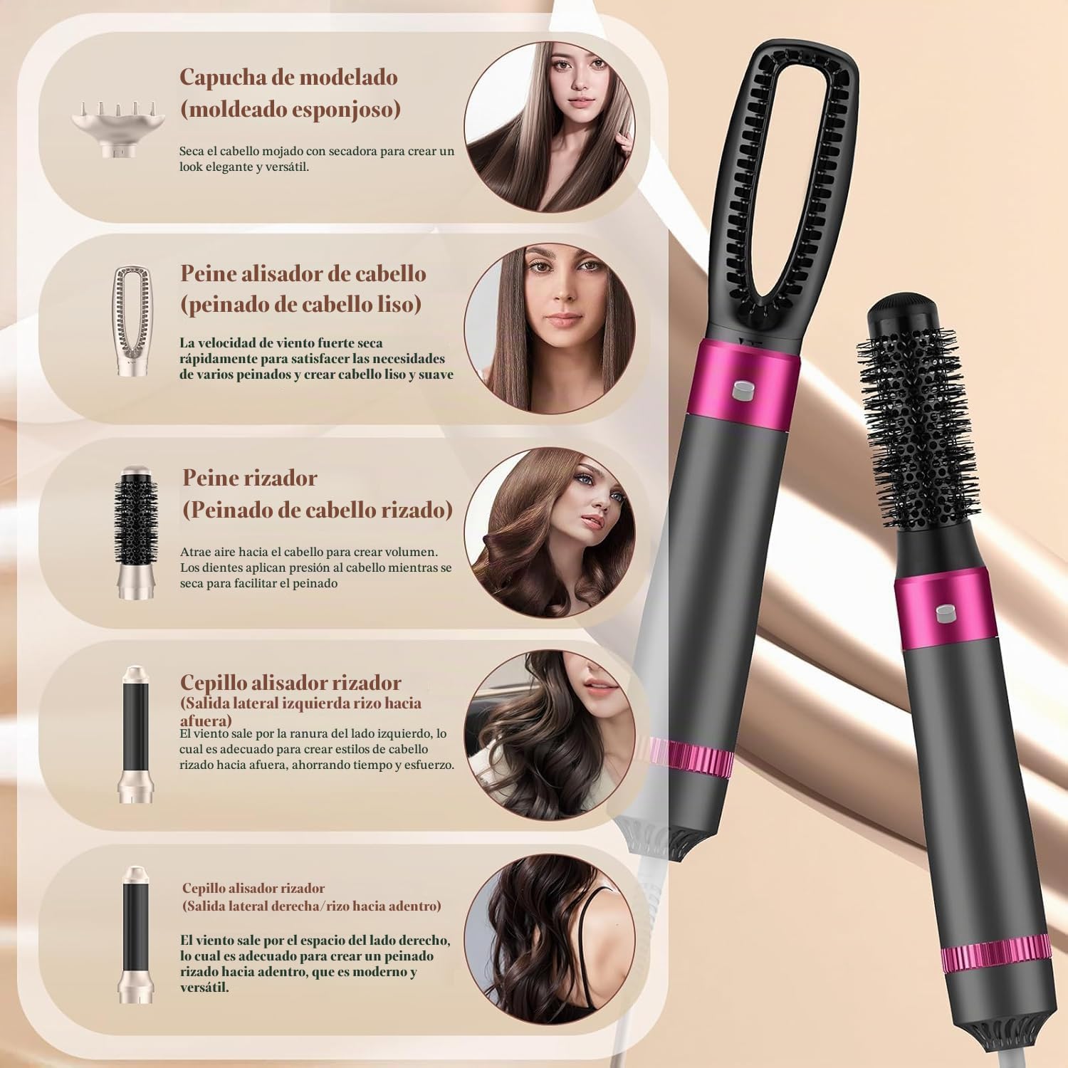 Cepillo Secador de Pelo 5 en 1,Multifunción Air Styler Set 1000W, Cepillo de Aire Caliente Multifunción, Moldeador Pelo With Riza 3 Temperaturas 5 Accesorios para Alisar, Volumen y Secar el Cabello
