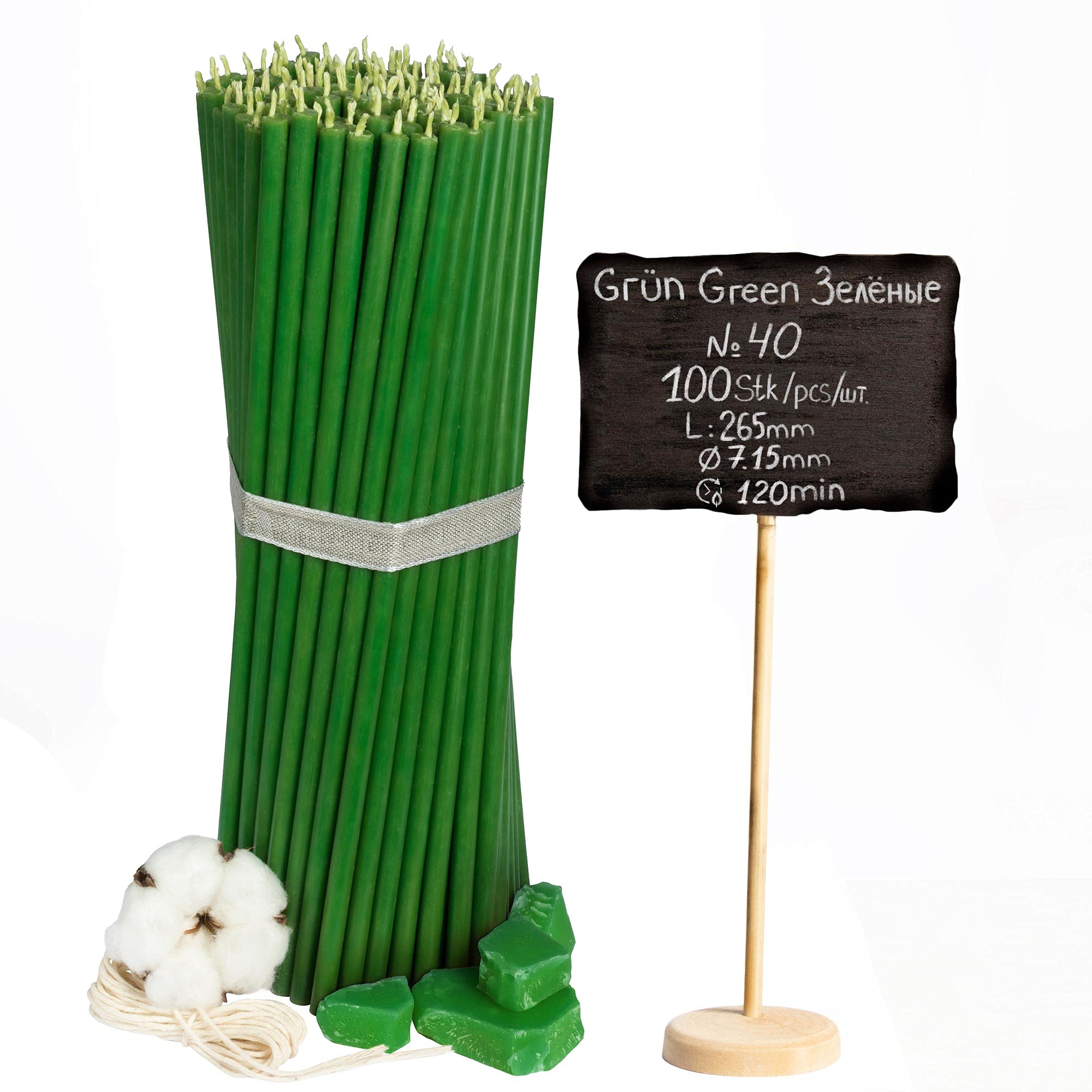 Diveevo ecclesiastical Beeswax Candles - 100 pcs. I Ritual Candles L-10.43 in, Ø-0.28 in I 120 min Burning time in Green I Thin Candles drip- & Smoke-Free