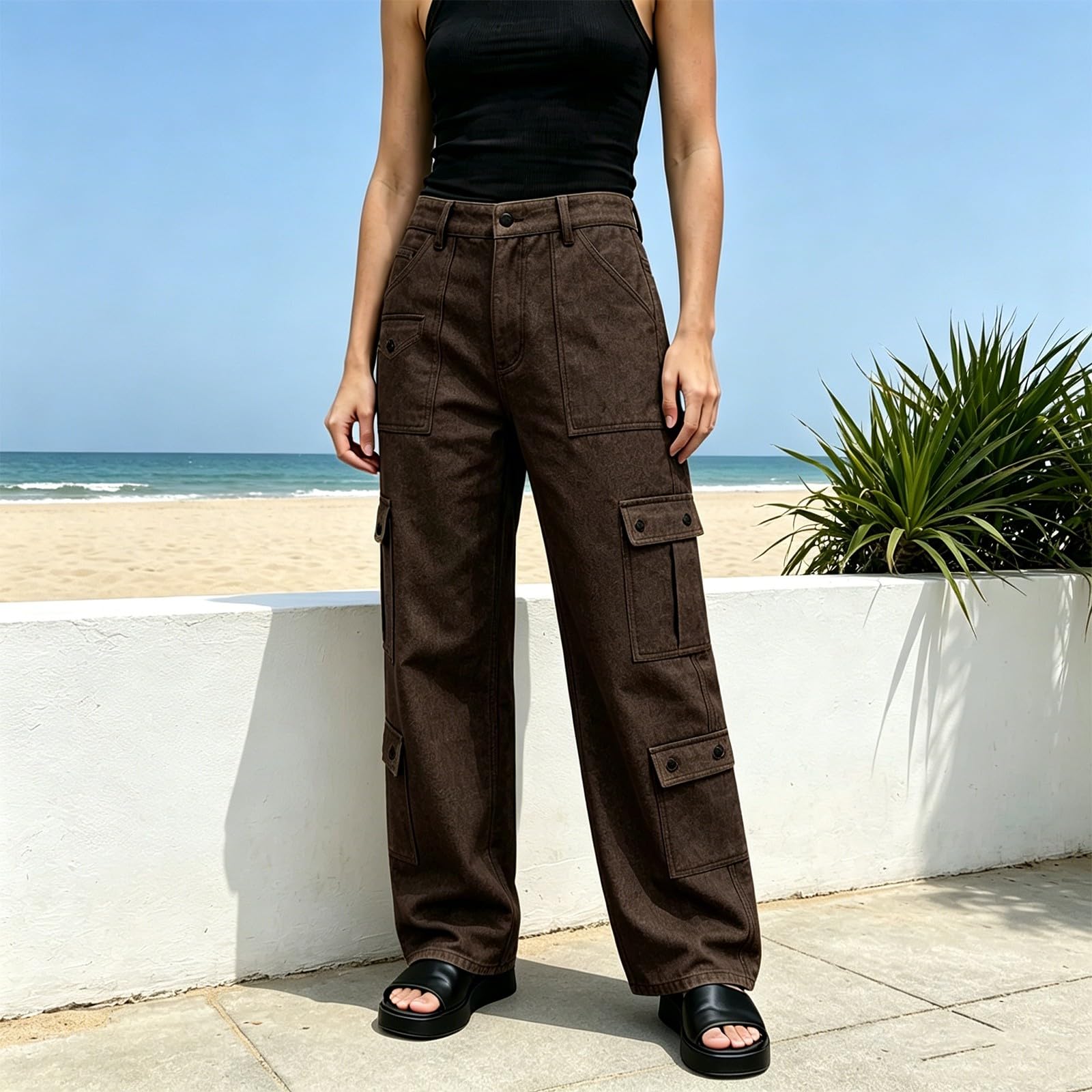 WWricotta Pantalones Casuales Mezclilla Color Liso Bolsillos, Pierna Recta, cómodos día a día, Mujer, Cintura Alta