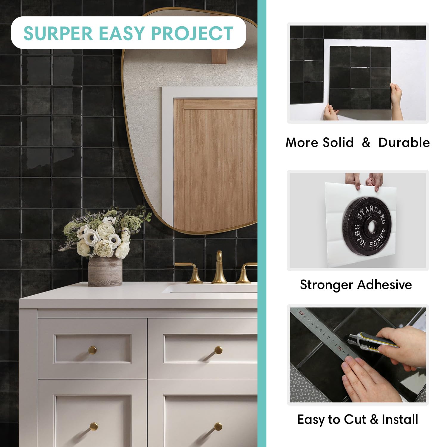 Commomy Più Spessi Piastrelle Adesive Cucina Nero, 10 pezzi | Paraschizzi Cucina Mattonelle Adesive Bagno, Vinile Pannelli Decorative 3D per Parete,30,5 x 30,5 cm