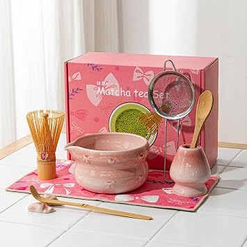 Matcha Whisk Set, 8 Pcs Japanese Ceremony Matcha Tea Powder Making Tools with Pink Bowknot Ceramic Bowl, Bamboo Whisk and Holder, Scoop, Strainer, Ideal for Mat-cha Lovers