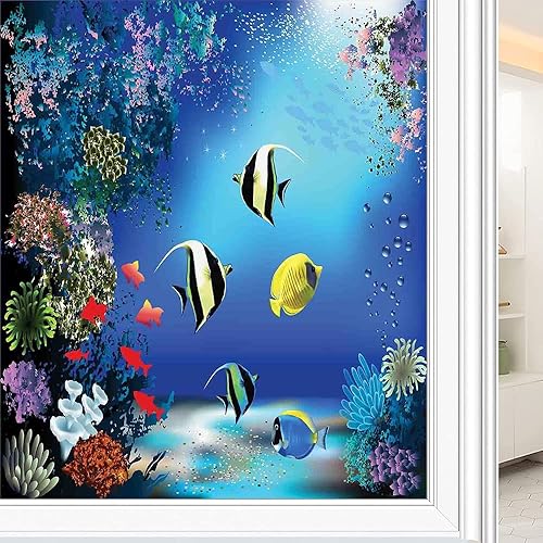 Película adhesiva subacuática para ventana, tropical submarina con peces coloridos nadando en el océano, imagen de arrecifes de coral, para bloqueo