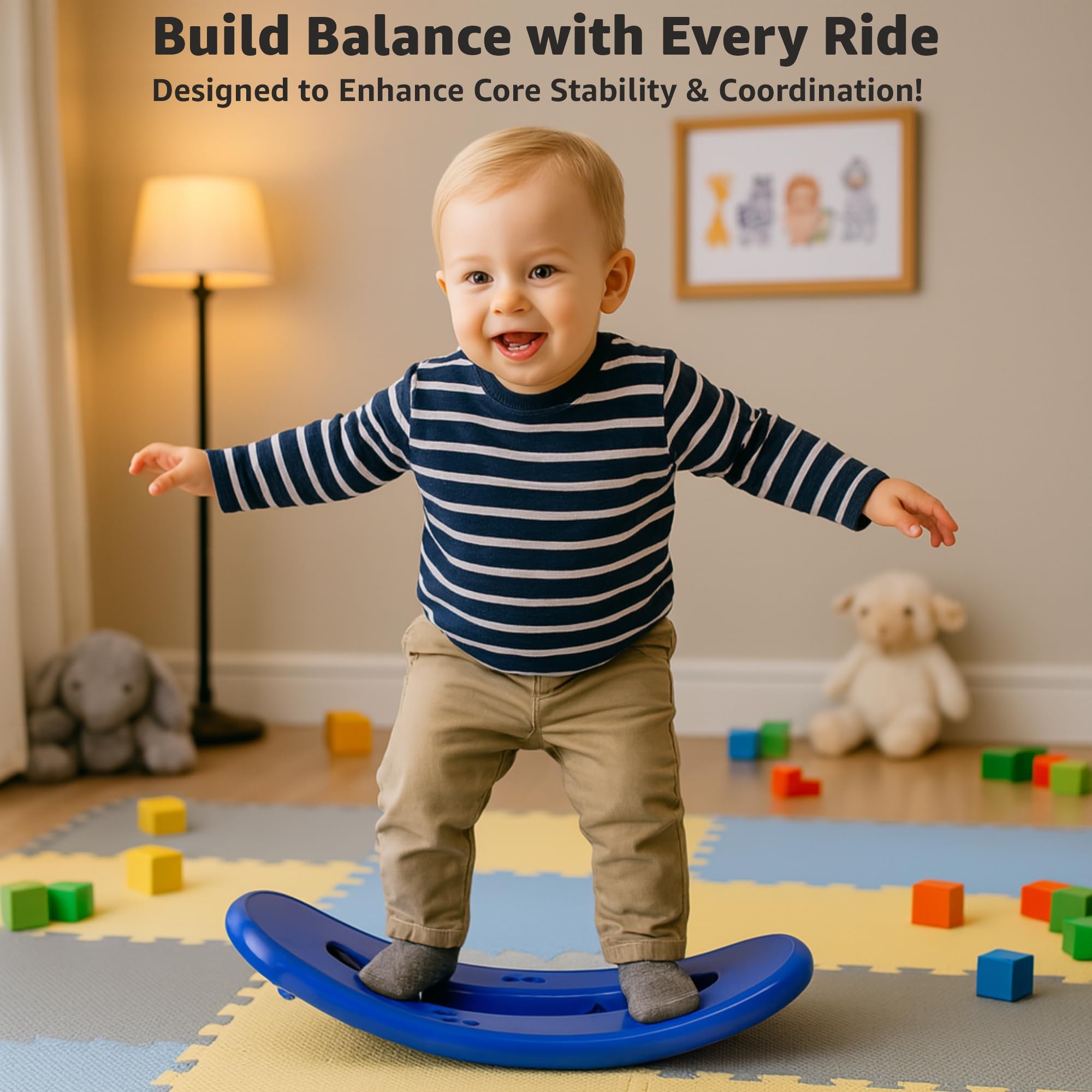 Amazon Brand - Jam & Honey 3-in-1 Baby Push On Ride On Rocker for Kids | Balancing Board | Backrest | Easy Grip | Four Wheel | Durable and Safe | Lightweight | Animal Theme | 12 Months+ | Blue & Grey - Image 5 thumbnail
