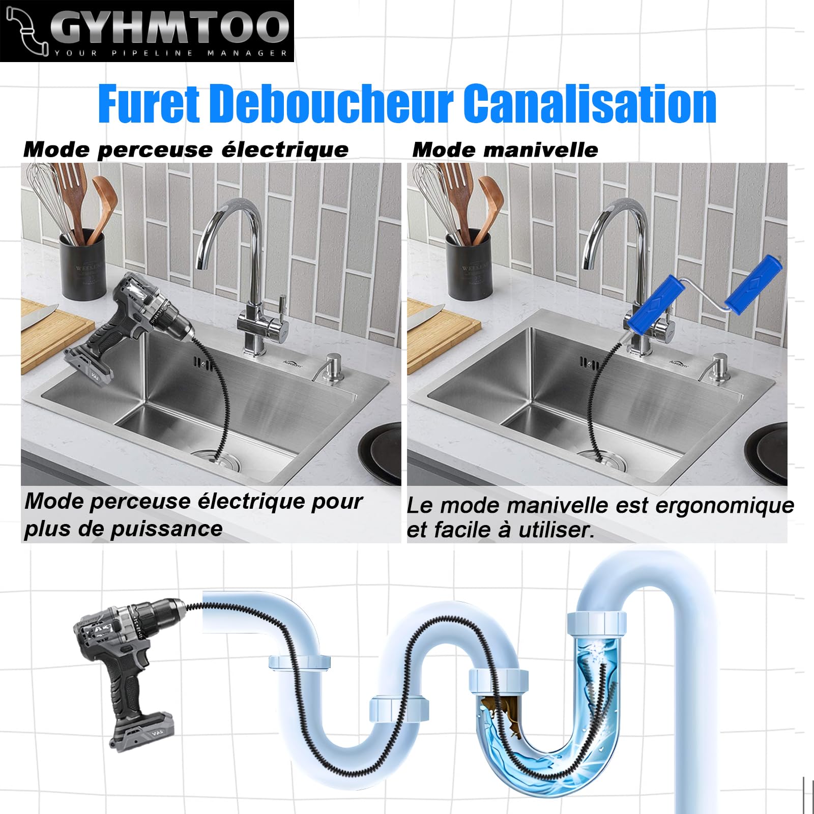 Spirale de nettoyage de canalisations Ø 8 mm, en acier à ressort, spirale pour le nettoyage des tuyaux, pour les bouchons tenaces, procédé d'électrophorèse (8mm, 5m)