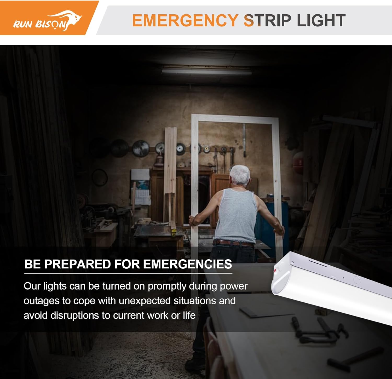 4FT LED Linear Shop Lights with Emergency Battery Backup,3 Color Selectable 3500K-5000K, Lumen Adjustable 4420/4940/5850LM,120-277V, 0-10V Dimmable, Built-in 90 Minute Emergency Battery-2PK