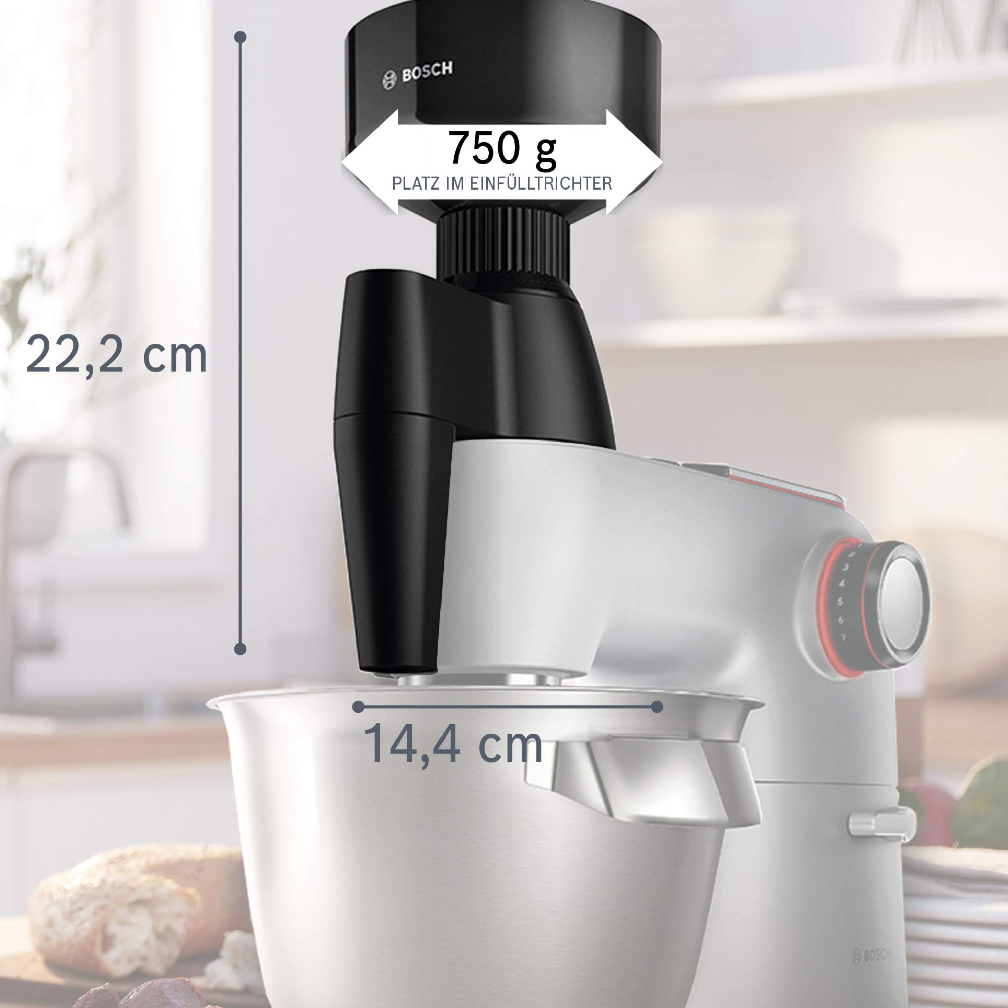 Bosch Młynek do zbóż MUZ9GM1, mechanizm mielący stożkowy, bezstopniowa regulacja stopnia mielenia, do wszystkich rodzajów zbóż (z wyjątkiem kukurydzy), czarny, pasuje do OptiMUM