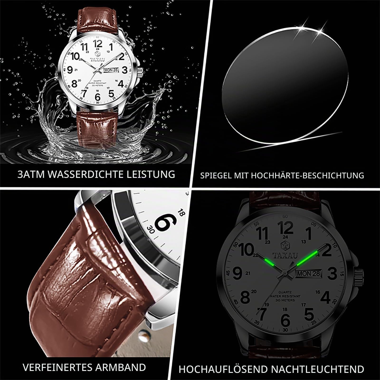 Taxau Uhren Herren Klassischus Lederarmband Wasserdicht Großes Zifferblatt