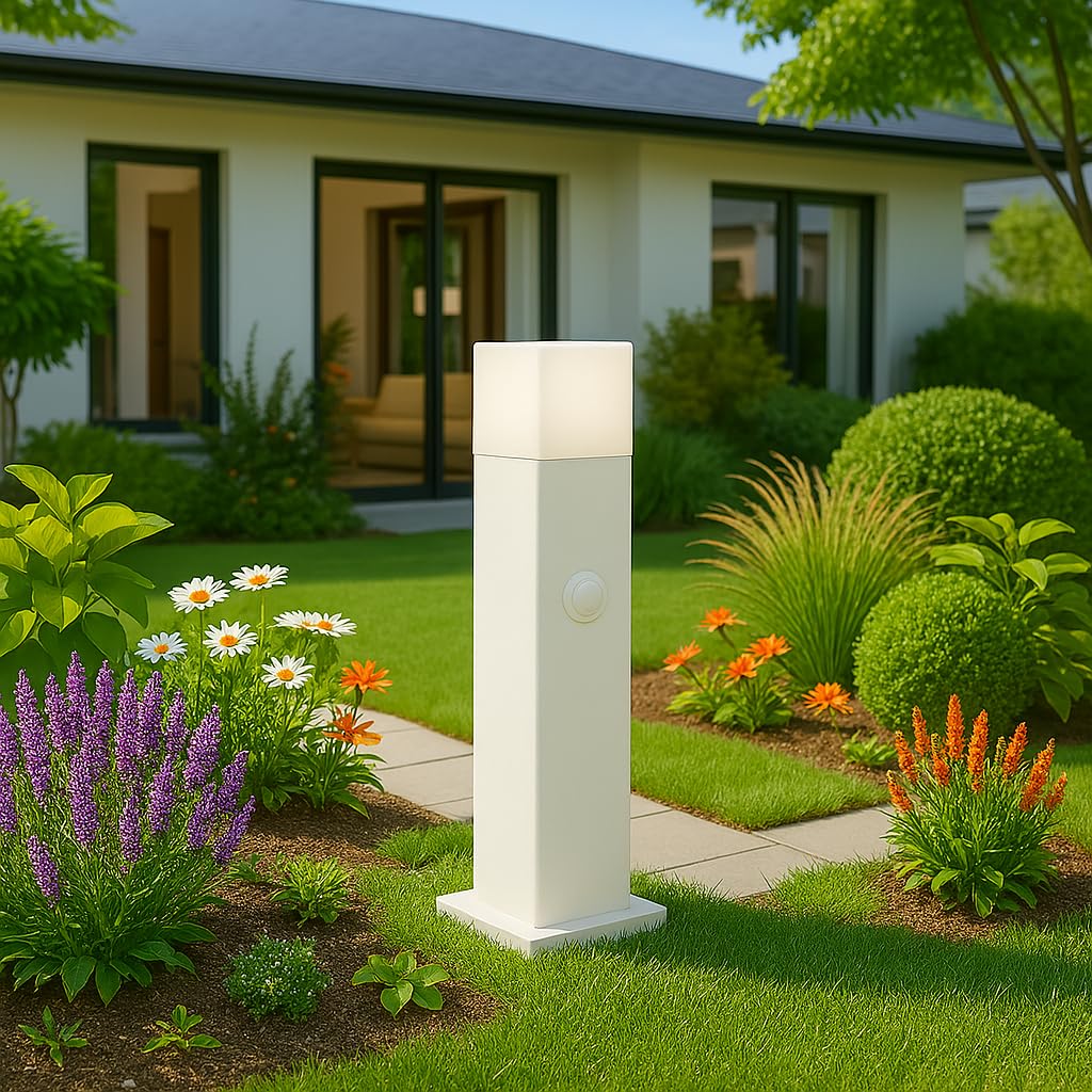Paletto luminoso Bianco da giardino con sensore di movimento, attacco E27 12W 1160 lm, Luce Naturale 4000K, IP44, alluminio e diffusore acrilico, lampione per esterni (Bianco - Luce Naturale 4000K)