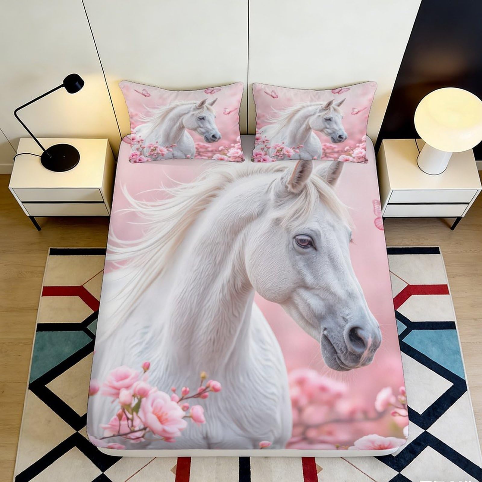 3D Printed White Horse Floral Fitted Sheet Microfiber Soft Breathable Pink Blossom Bed Sheet for Bedroom Dormitory Guest Room Mattress Protection Decor 180x200x25cm