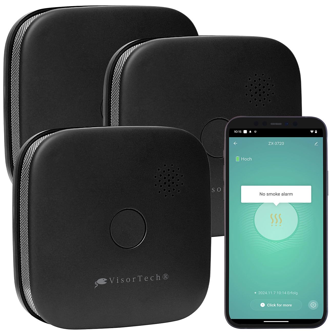 VisorTech 3er-Set kompakte WLAN-Design-Rauchwarnmelder mit weltweiter App, schw.
