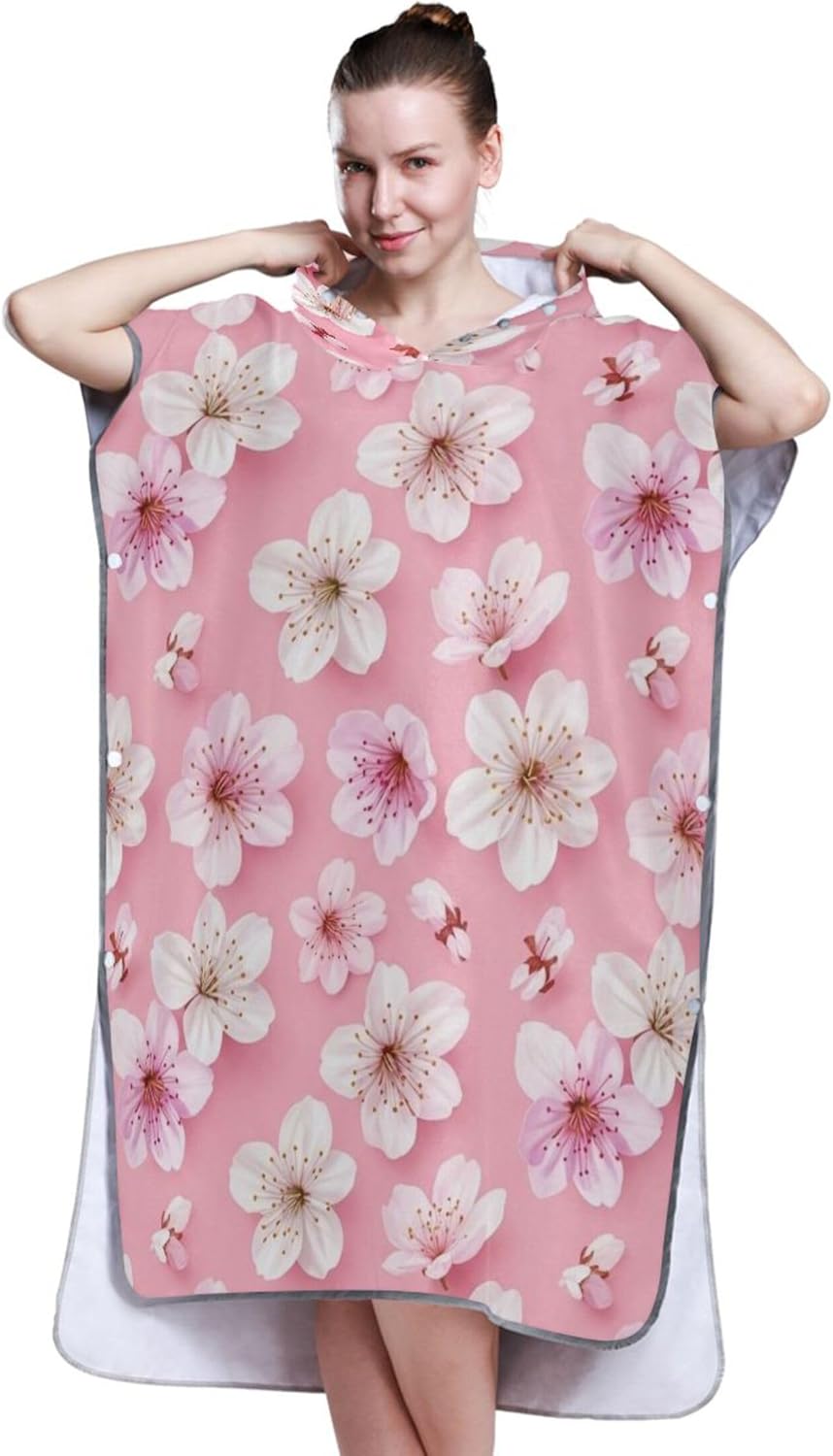 Changing Robe for Adults Surf Poncho Hooded Beach Towel Print Reusable Womens Ponchos with Hood Cherry Blossom Flowers One Size