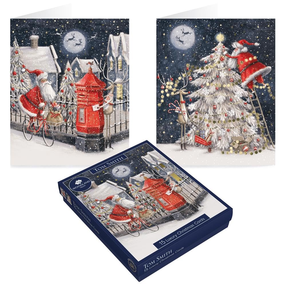 Tom Smith Boxed Christmas Cards Pack - 15 Luxury Xmas Cards with Envelopes and Seals - Festive Santa Xmas Tree & Postbox Designs - Recycled Eco Friendly Christmas Card Set