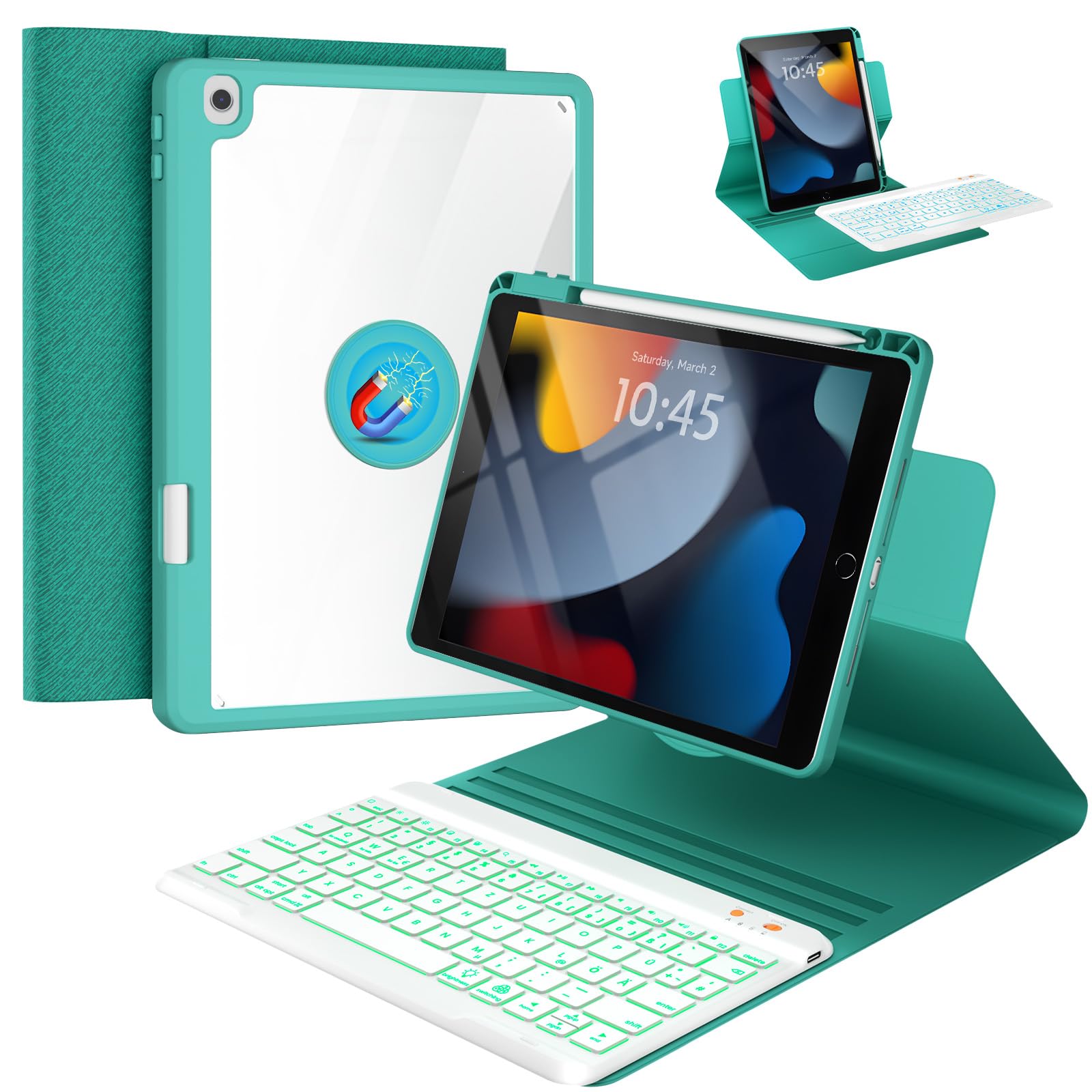 OYEEICE Hülle mit Tastatur für iPad 9/8 /7 Generation 10,2 Zoll, Vergrößerte Anti-Falloff Tastenkappen Tastatur für iPad Air 3 Generation/Pro 10,5" (Blaugrün, 360° Drehbar und Abnehmbar)