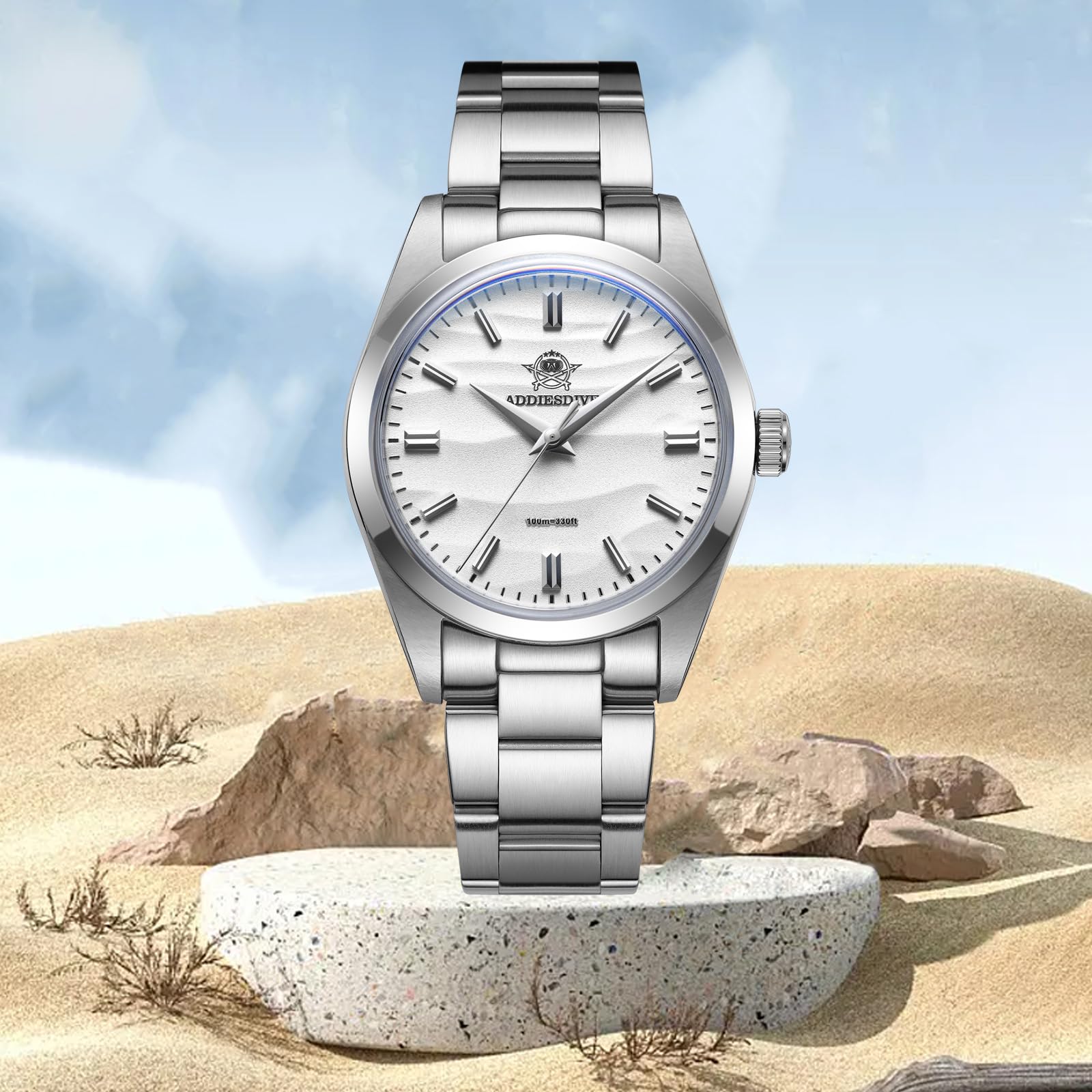 ADDIEDIVE 36mm Einfache Quarzuhr Analoguhren für Herren Blasenspiegelglas Wüste Edelstahlarmband AD2030