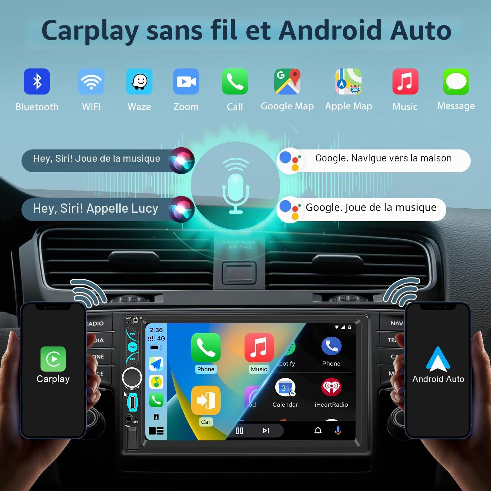 WERESOUND 2 DIN BT Autoradio CarPlay avec sans Fil Car Play & Android Auto
