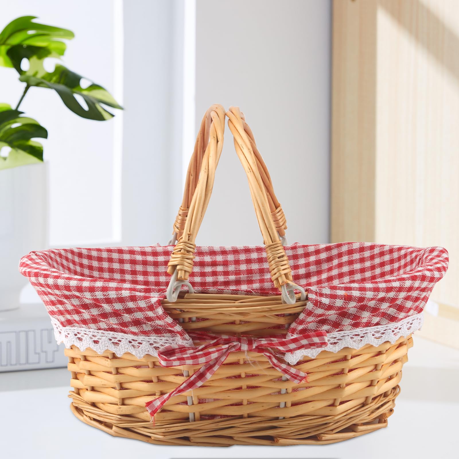 MUKCHAP Confezione da 2 cestini da picnic in vimini, 32 x 23 x 12 cm, ovali, con rivestimento con manico pieghevole, cestino da picnic in vimini intrecciato, per picnic, feste, barbecue, color miele