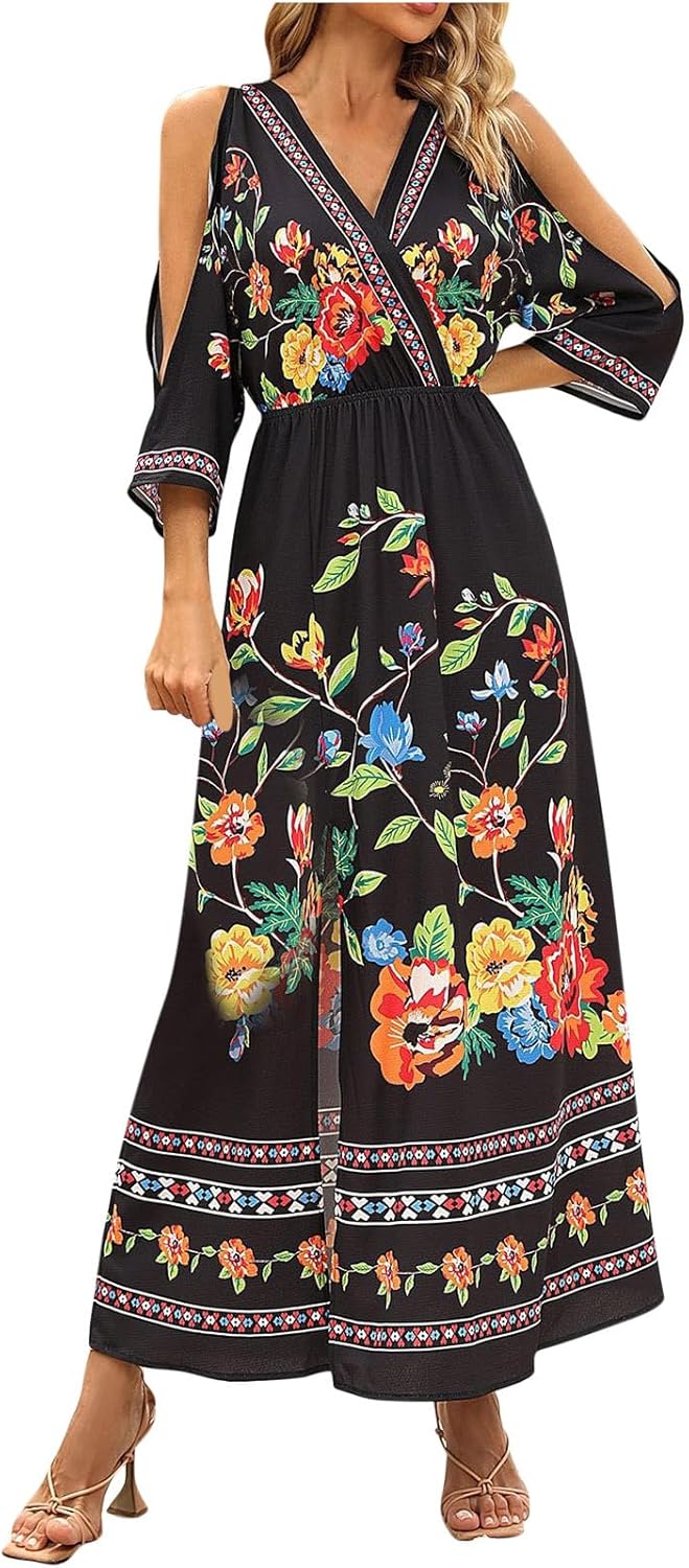 Women Foral Print Maxi Long Dress Three Quarter Sleeve Beach Bohemian Dress Vestidos Feida