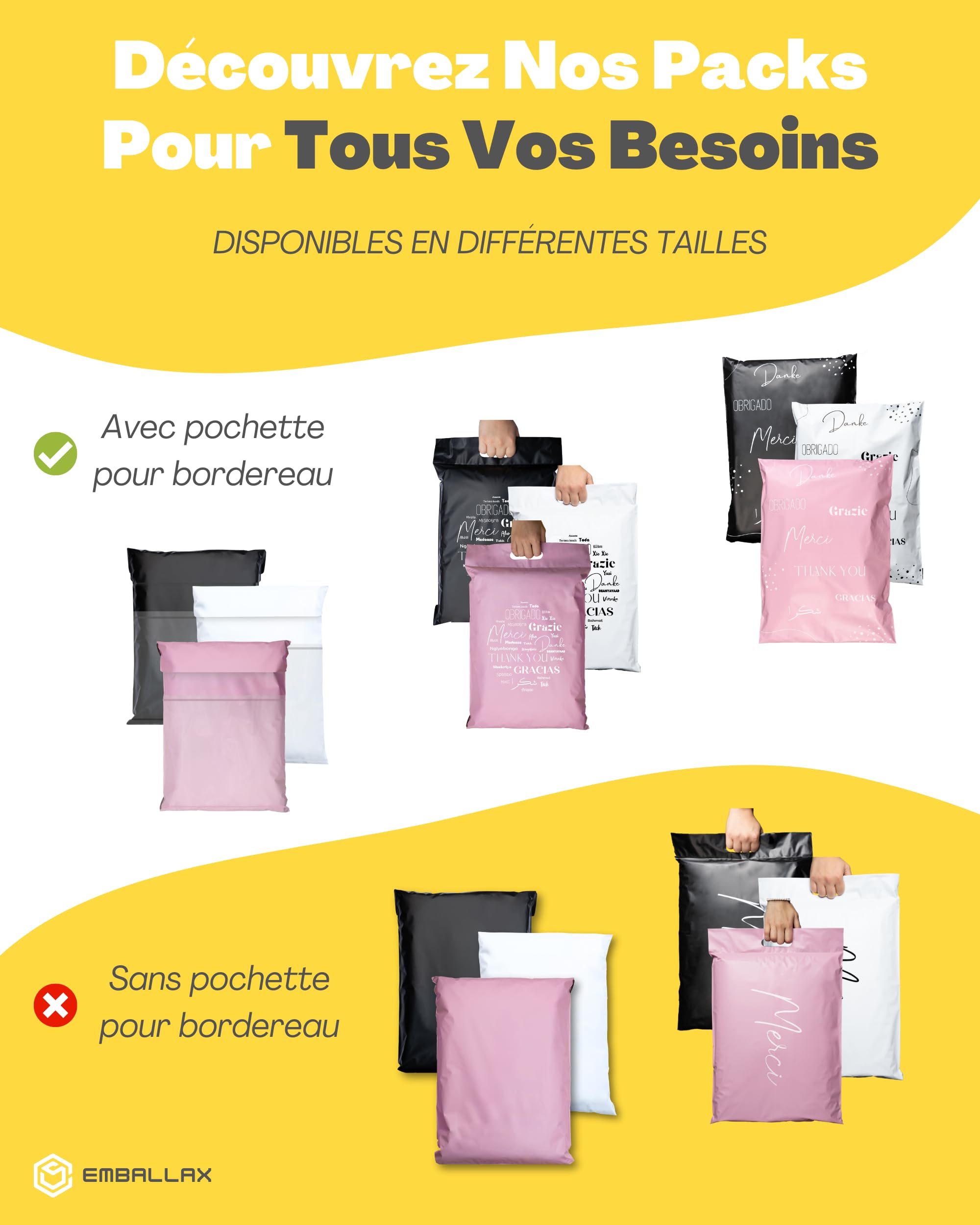 EMBALLAX - 100 Pochettes d’Envoie Colis Vinted - Taille M - 25x35cm - Sac Résistante, Opaque, Imperméable & Auto-Adhésive - Enveloppe Plastique Expédition - Emballage Envoie pour Vetement, Boite