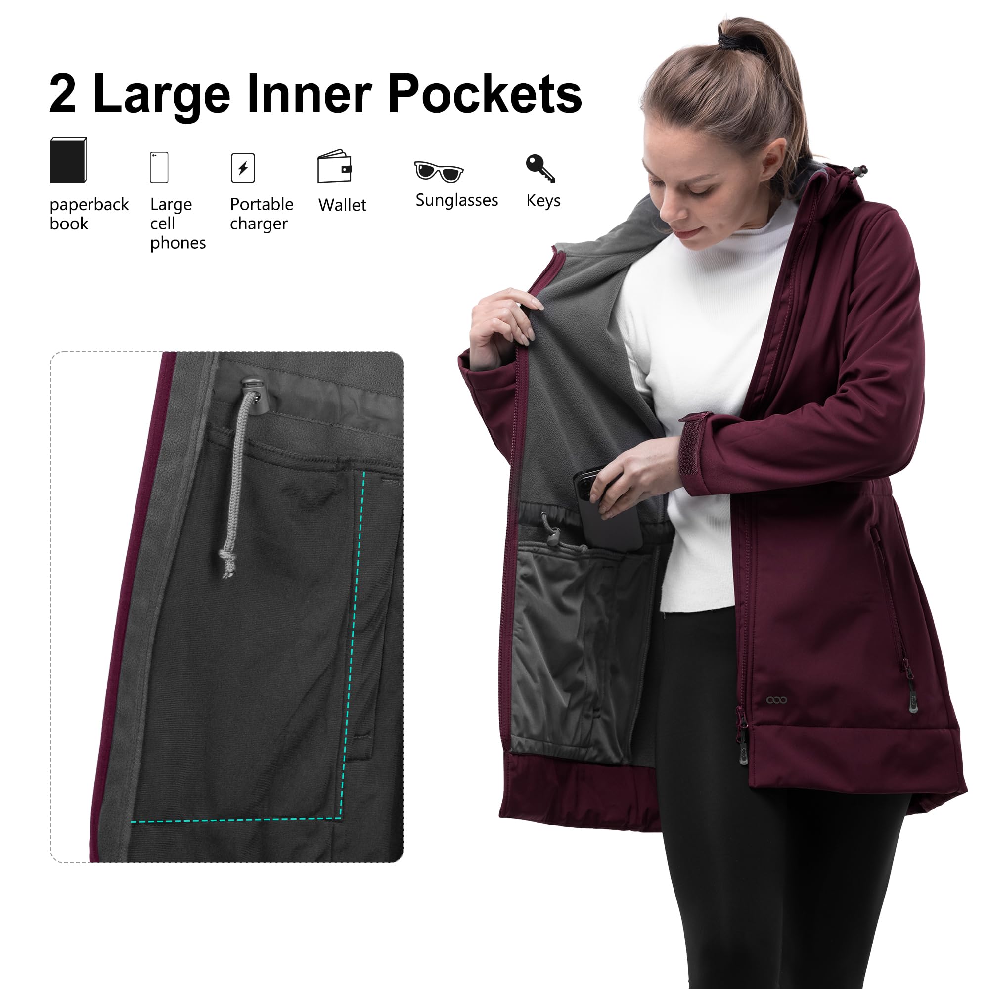 33,000ft Softshelljacke Damen Lange Übergangsjacke Wasserdicht Winddicht Softshellmantel Windbreaker Atmungsaktiv Wanderjacke Outdoor Mantel mit Abnehmbarer Kapuze