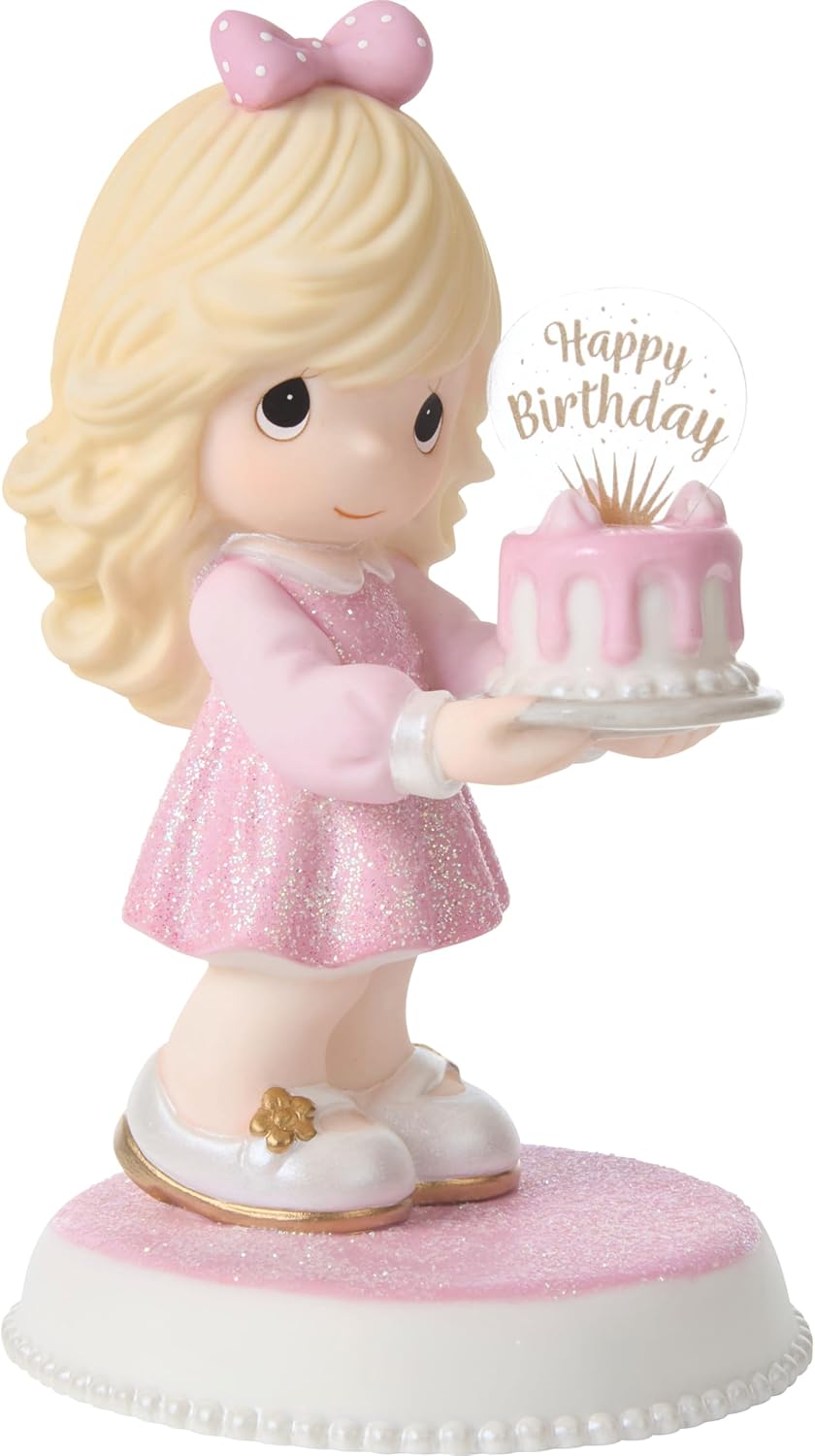 Precious Moments 252008 Youre As Sweet As Can Be Blonde Girl Birthday Bisque Porcelain Figurine, Girl Holding Cake Figurine, Birthday Gift for Daughter or Granddaughter