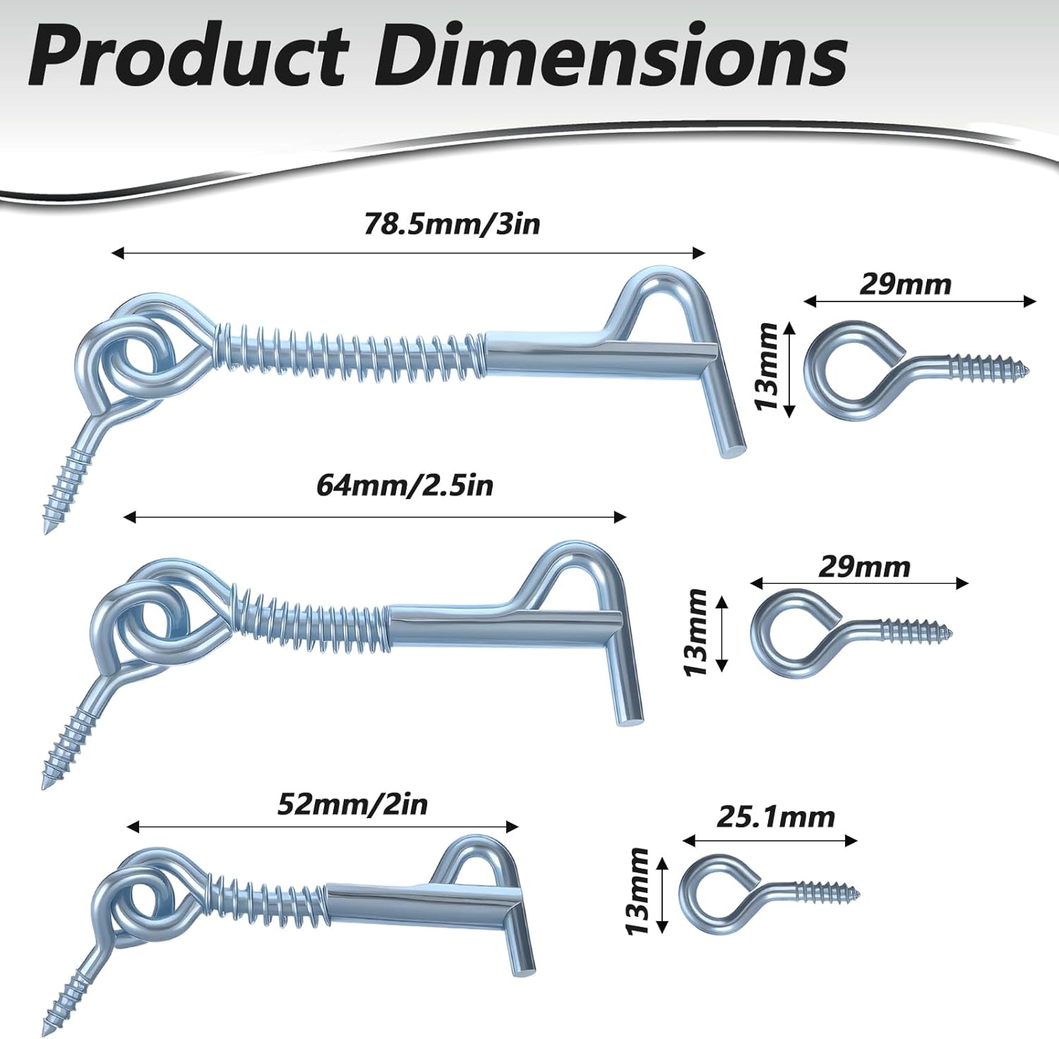 6 Pieces Stainless Steel Spring Hook and Eye Safety Latch Hook and Eye Latch with Spring Lock 2" 2.5" and 3" Safety Cabin Hooks for Gates Doors Cabinets Enhanced Family Farm Camping Trailer Security