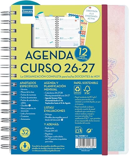 Finocam Docente Magistral Agenda 2026 2027 Mandala · Español | Semana Vista Septiembre 2026 – Agosto 2027 (12 meses). Agenda para profesores/as, maestros/as y educadores/as