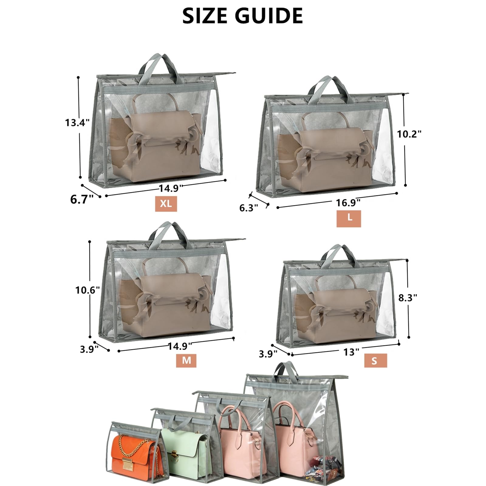 Paquete de 12 bolsas de polvo para bolso, bolsa organizadora de almacenamiento transparente para armario con cremallera y asa, bolsa de 4 tamaños para colgar contra el polvo para bolso,