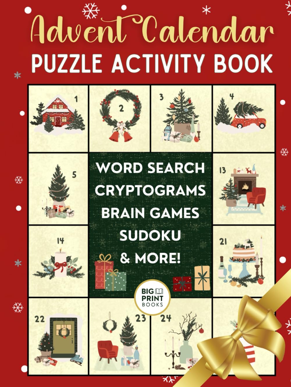 Advent Calendar Puzzle Book: Christmas Countdown With Variety of Brain Games, Word Search, Sudoku, Cryptogram, and More | Fun Activity Gift for Teens, Adults and Seniors (Christmas Gift Collection)      Hardcover – Large Print, November 24, 2024