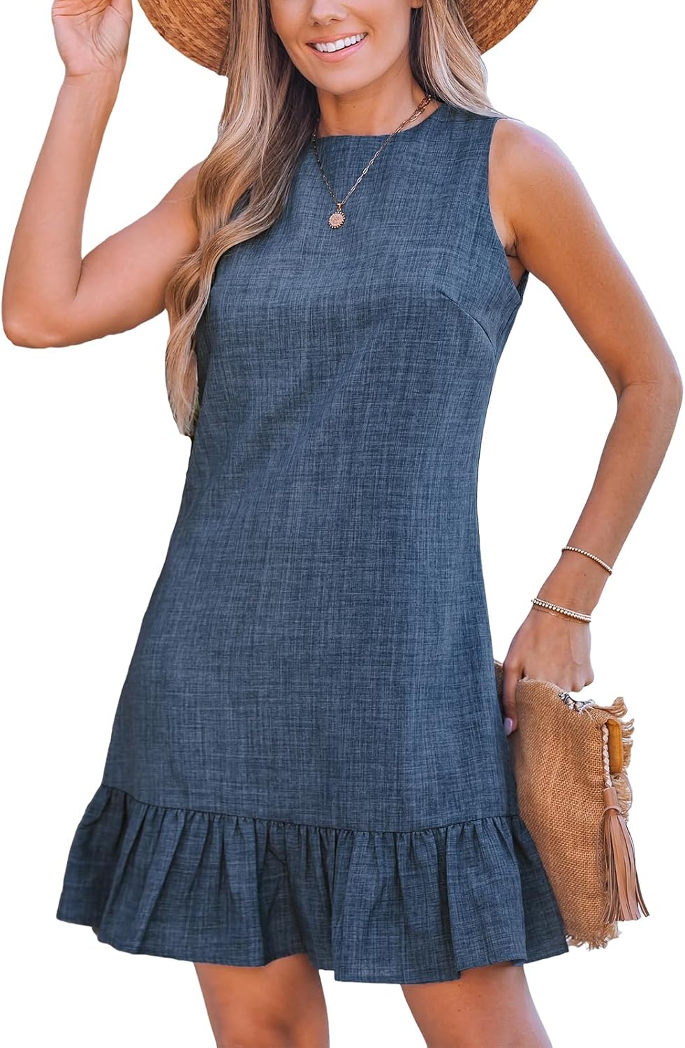 CUPSHE Womens Summer Dresses Sleeveless Tie Back High Crew Neck Ruffle Mini Short Dress